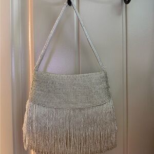 White House Black Market Elegant Silver Beaded Fringe Bag